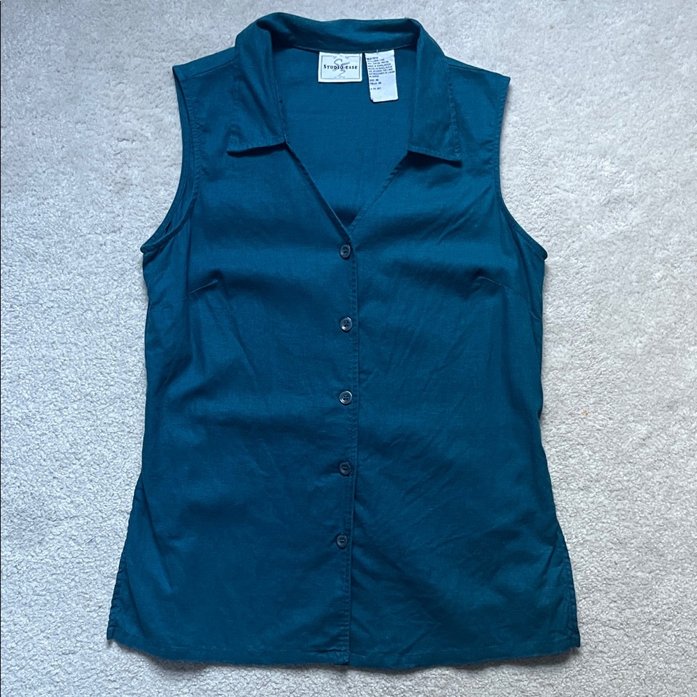 linen button-down tank drawstring waist emerald green/blue/teal medium vintage